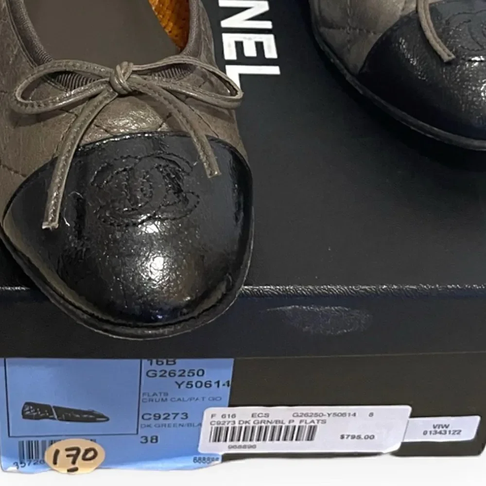 CHANEL Crumpled Calfskin/Patent Quilted CC Cap Toe Ballerina Flats |Size:38|
